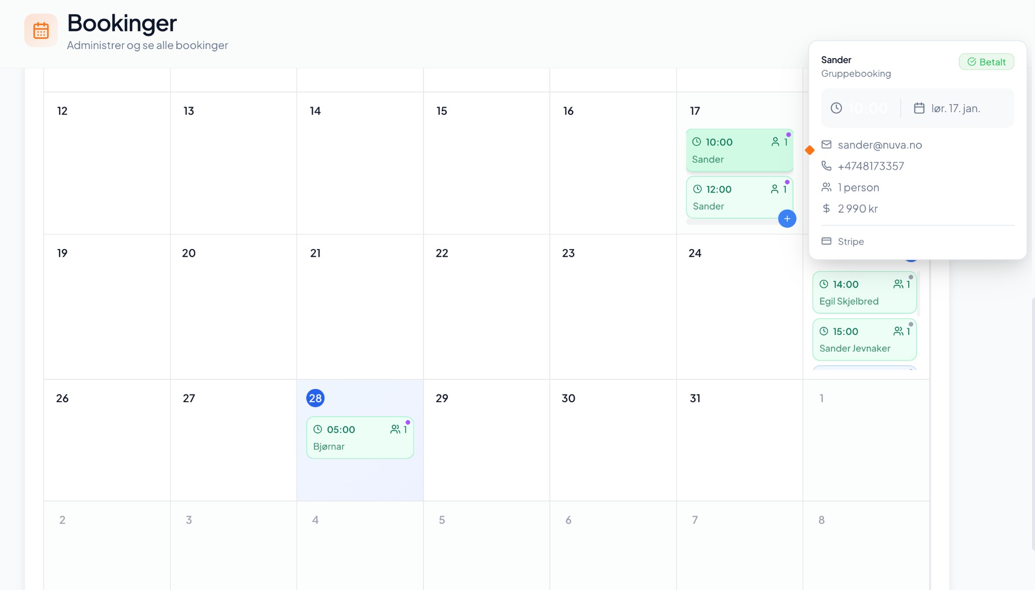 Bookingkalender med oversikt over alle reservasjoner