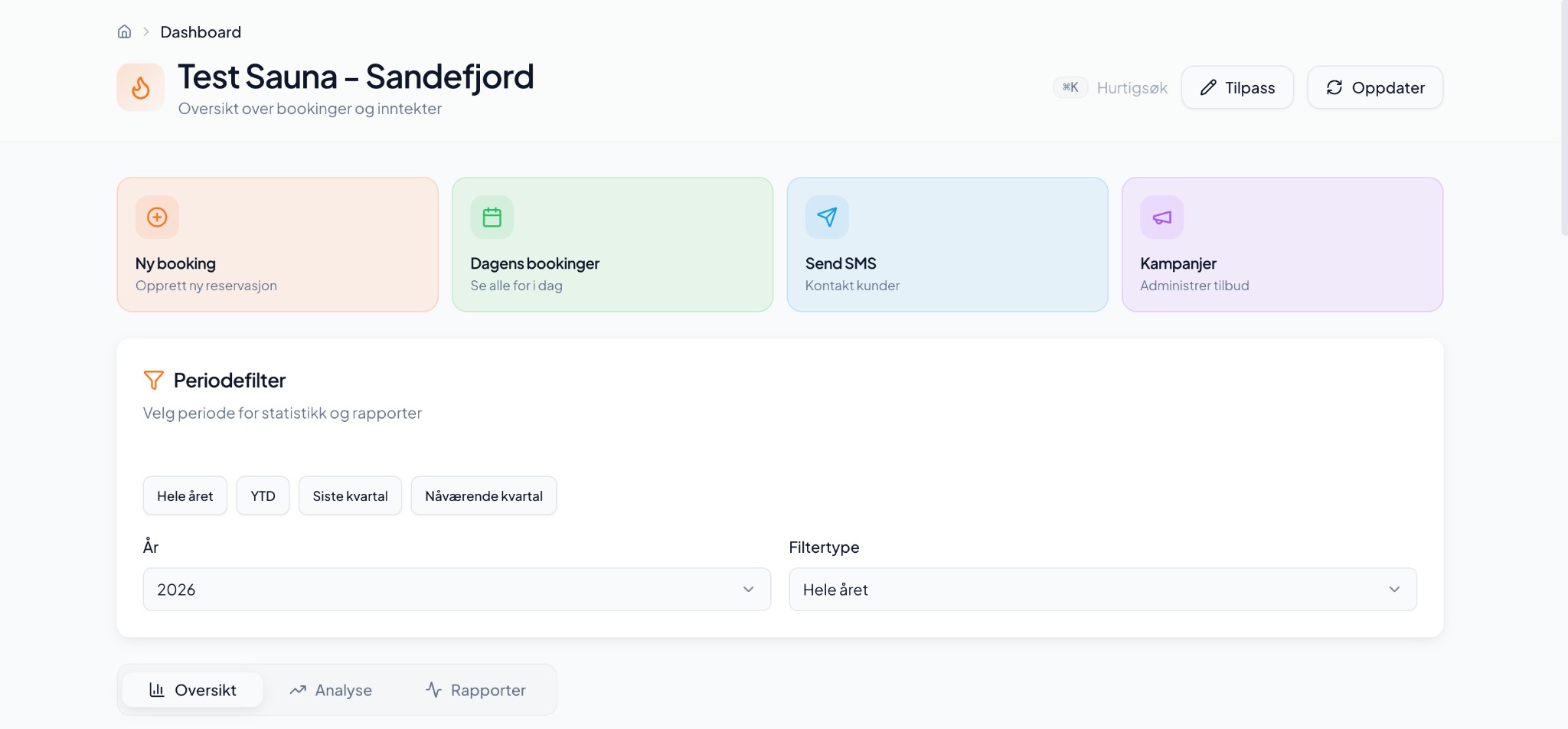 Saunabooking dashboard med hurtigknapper og periodefilter