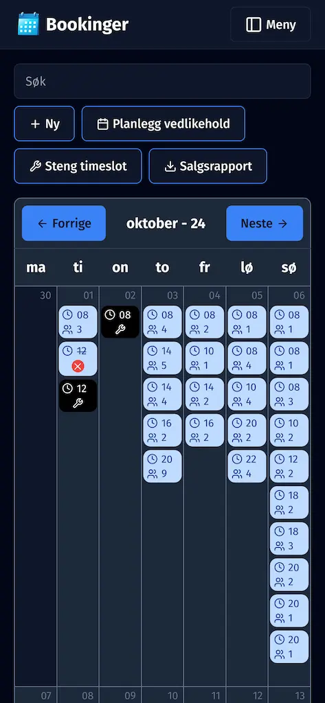 Sauna Booking, Kalender visning, mobil, mørkt tema